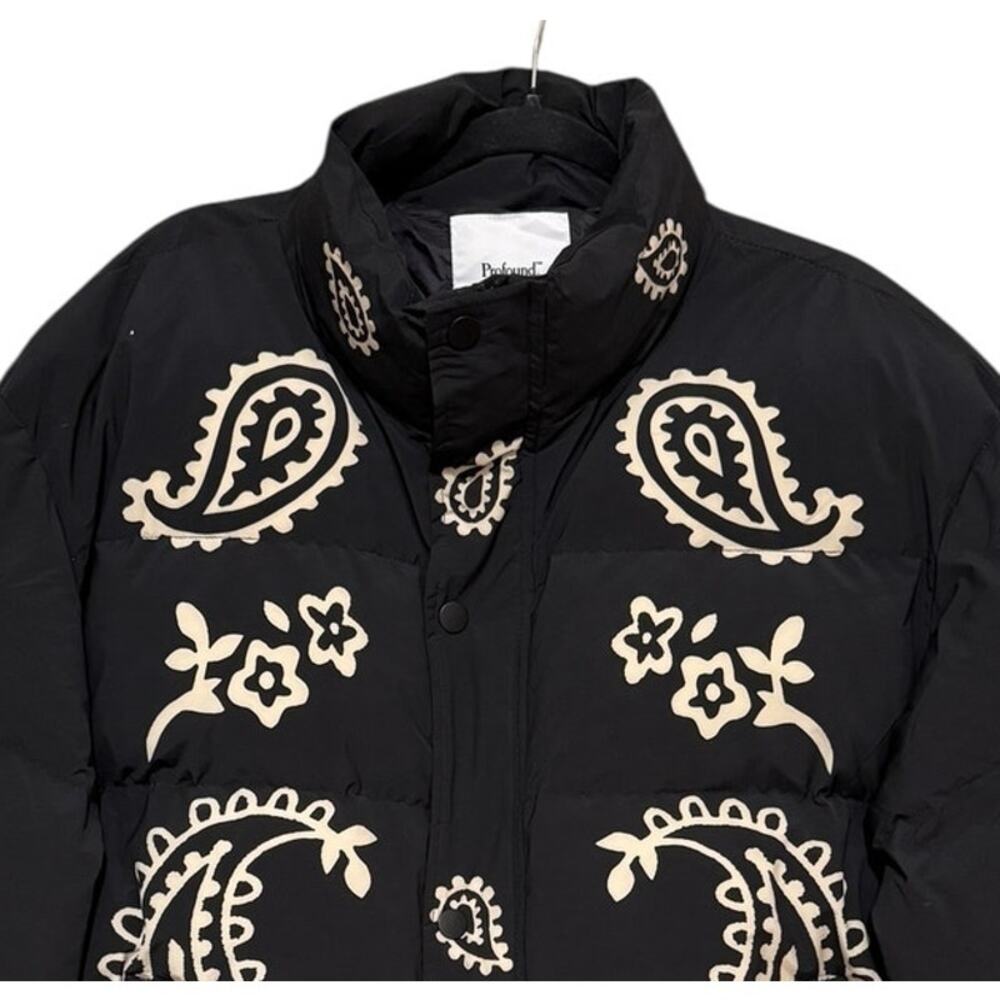 Profound Paisley Print Puffer Coat Black Cream Mens M Streetwear Statement - Picture 4 of 6